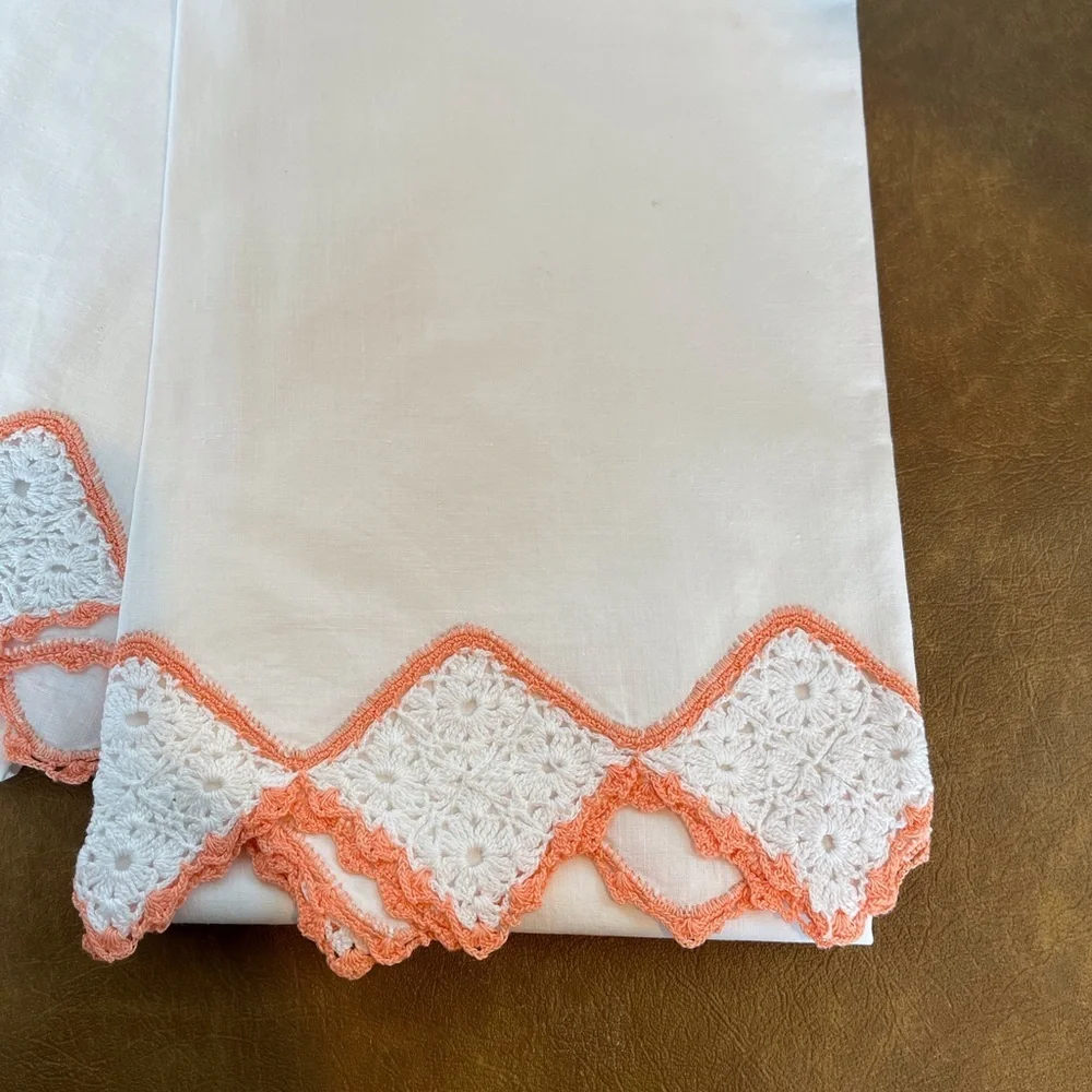 Vintage Set of Two Pillowcases Embellished with Hand-Crocheted Edge